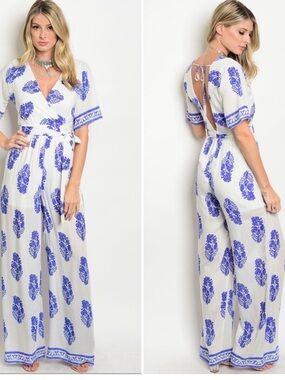 a'gaci White and Blue Floral Wrap-Front Jumpsuit